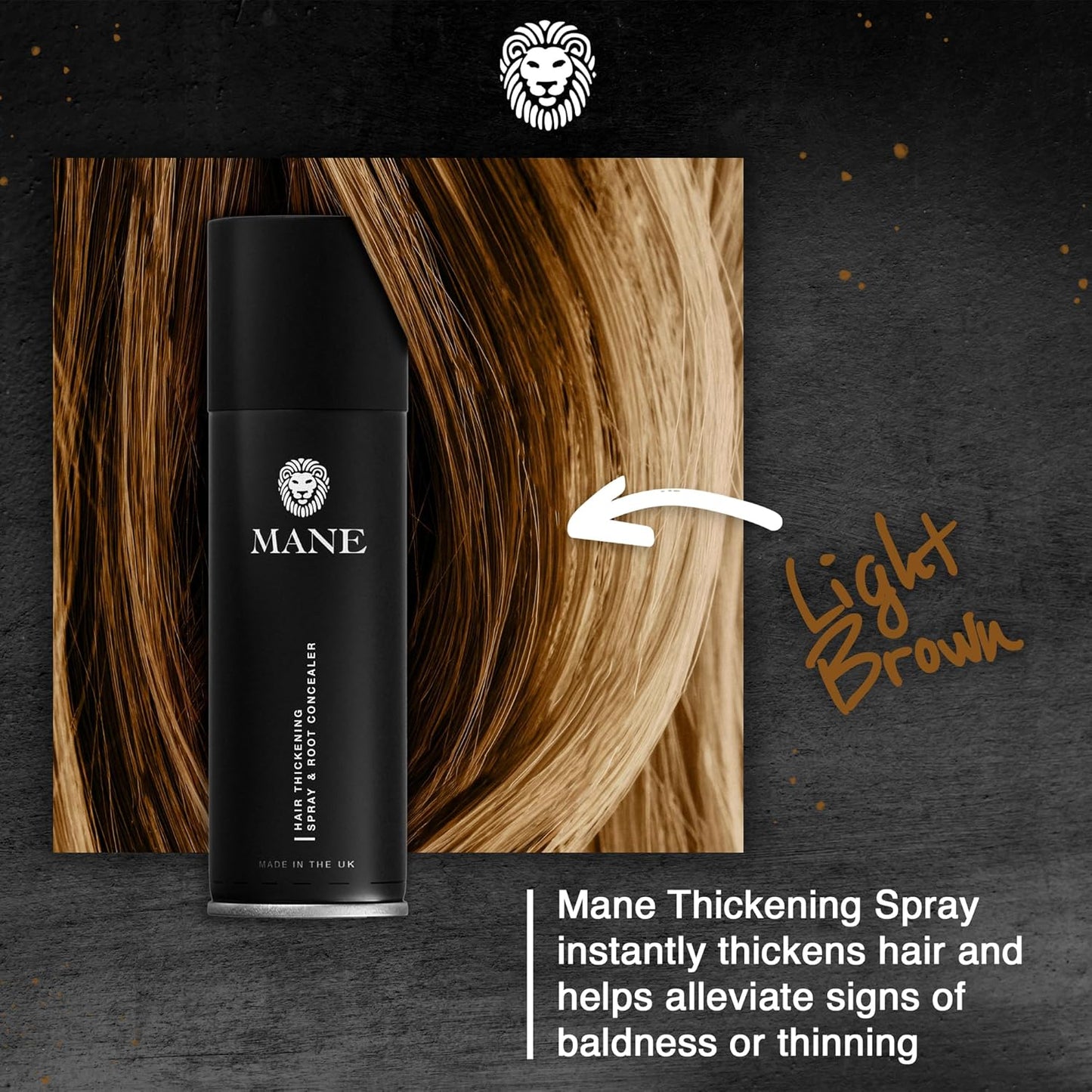 Mane Hair Thickening Spray & Root Touch Up, Instantly Thicker Hair for Men & Women, Fill in Hairlines and Hide Thinning and Fine Patches - Light Brown, 12 Colors (6.76 oz)