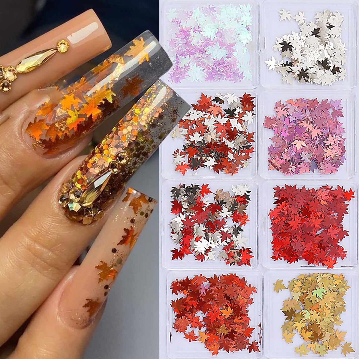 Thanksgiving Glitter Maple Leaf Nail Sequins Fall Nail Flakes Design Nail Charms Holographic Laser Mixed Color 3D Confetti Nail Glitter Sequins for Women