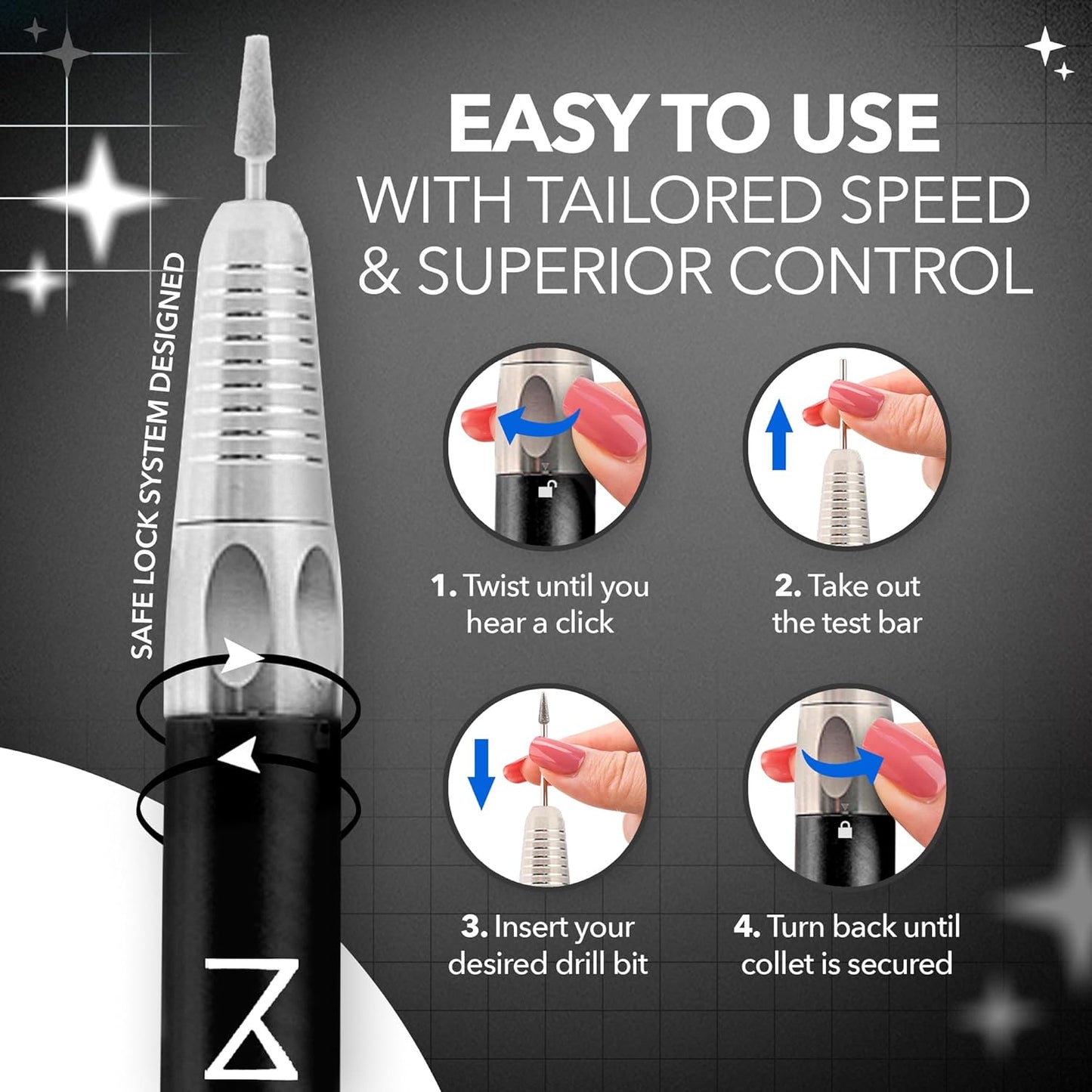 M Max - Professional Nail Drill Machine - 2-in-1 Brushless Motor Nail File - Electric, Cordless, Aluminium Alloy Casing, 35000 RPM, HD Display - Perfect for Salon & Home Use (Black)