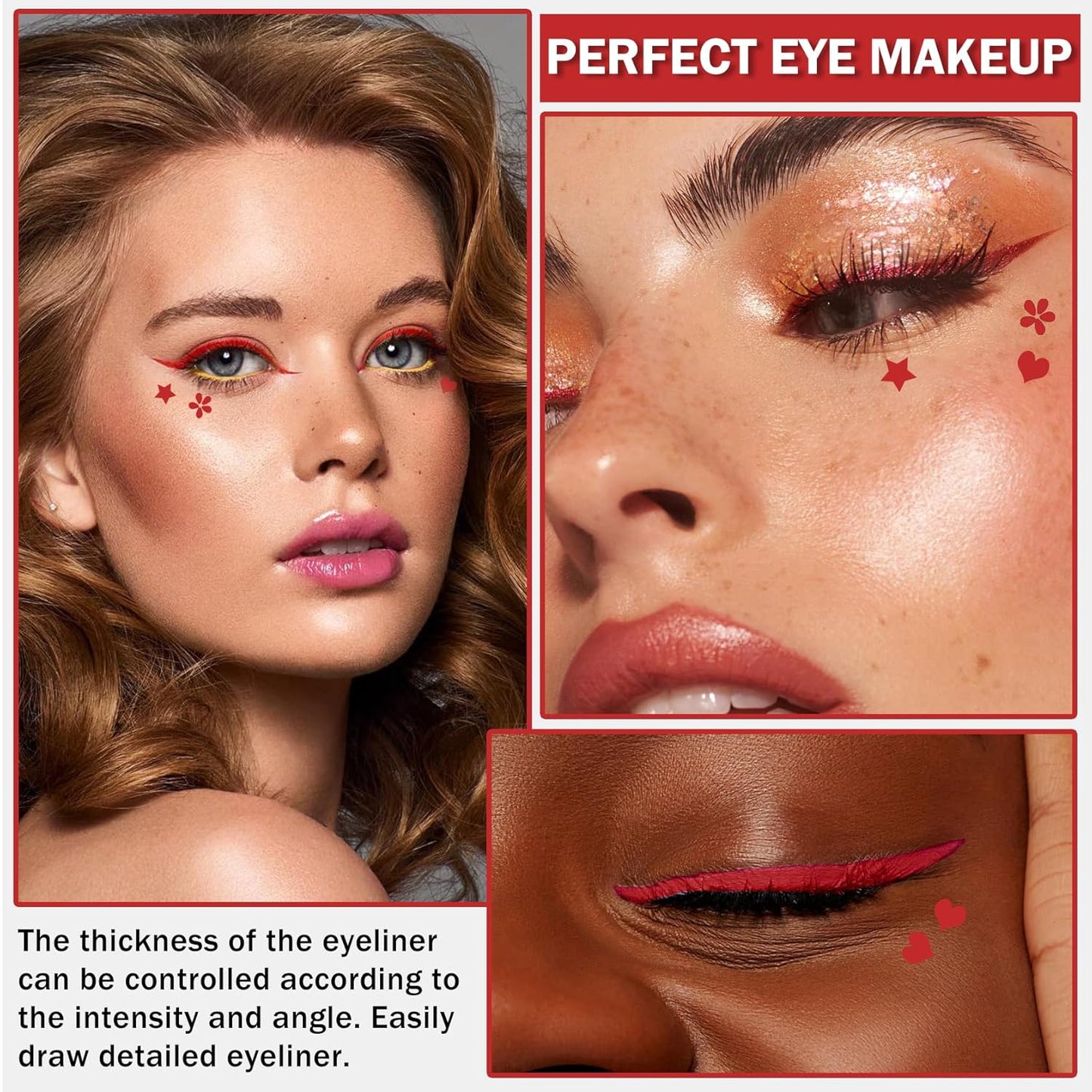 2PCS Double-headed Eyeliner Stamp Pencil Red Liquid Winged Eyeliner Stamp Pen Waterproof Smudgeproof Eye Liner Stamp for Eye Makeup(Star+Heart)