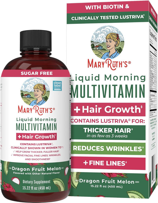 MaryRuth's Liquid Multivitamin + Hair Growth | Biotin 10000mcg | Lustriva Hair Growth Supplement | Clinically Tested in Women for Thicker Hair & Facial Wrinkle | Skin Care | Ages 18+ | 15.22 Fl Oz