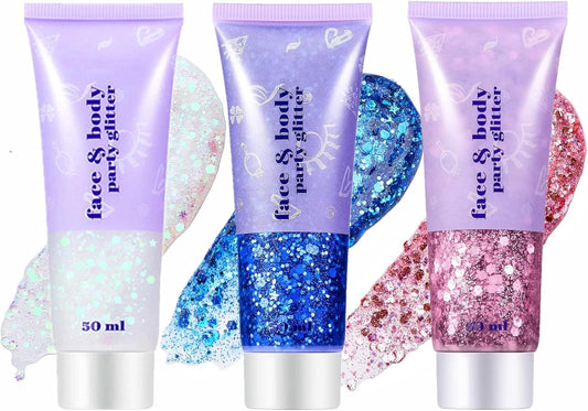 Go Ho White Pink and Blue Body Glitter Set,Singer Concerts Face Glitter Gel Makeup,Holographic Long Lasting Chunky Sequins Glitters for Eye Lip Hair Nails,Festival Rave Accessories