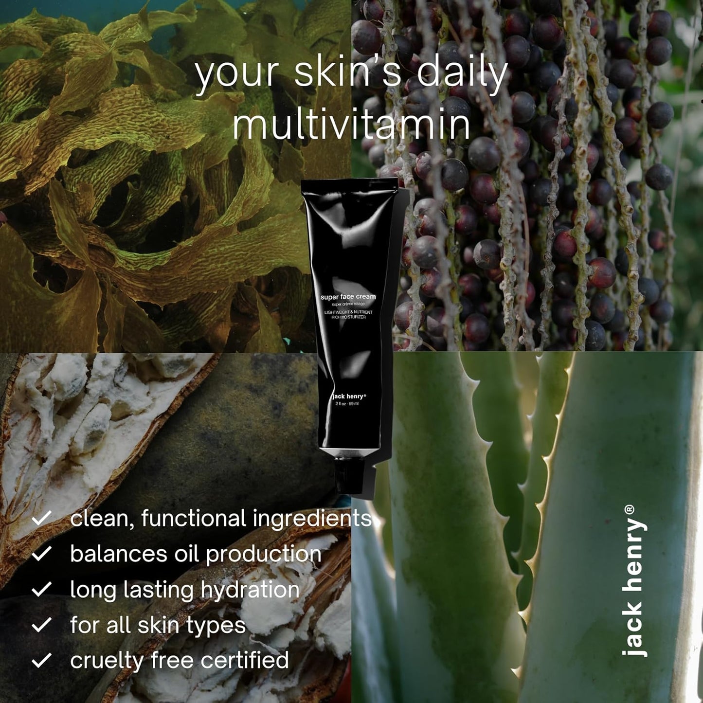 Jack Henry Super Face Cream - Lightly Scented Lightweight Hydrating Facial Moisturizer for Men & Women - Suitable for All Skin Types - Organic & Plant-Based (2 oz)