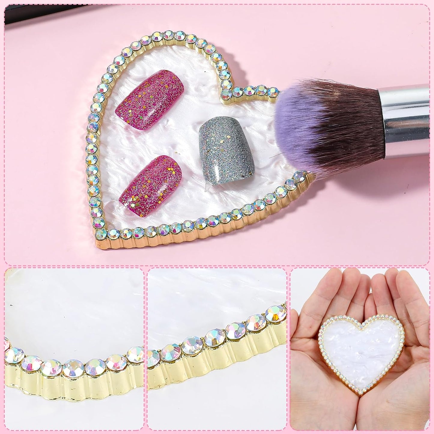 Sibba Resin Nail Art Palette, Golden Edge Nail Mixing Palette with Diamond, Polish Color Mixing Plate, Nail Holder Display Board, Heart Shape Cosmetic Mixing Tools for Women and Girls(White)