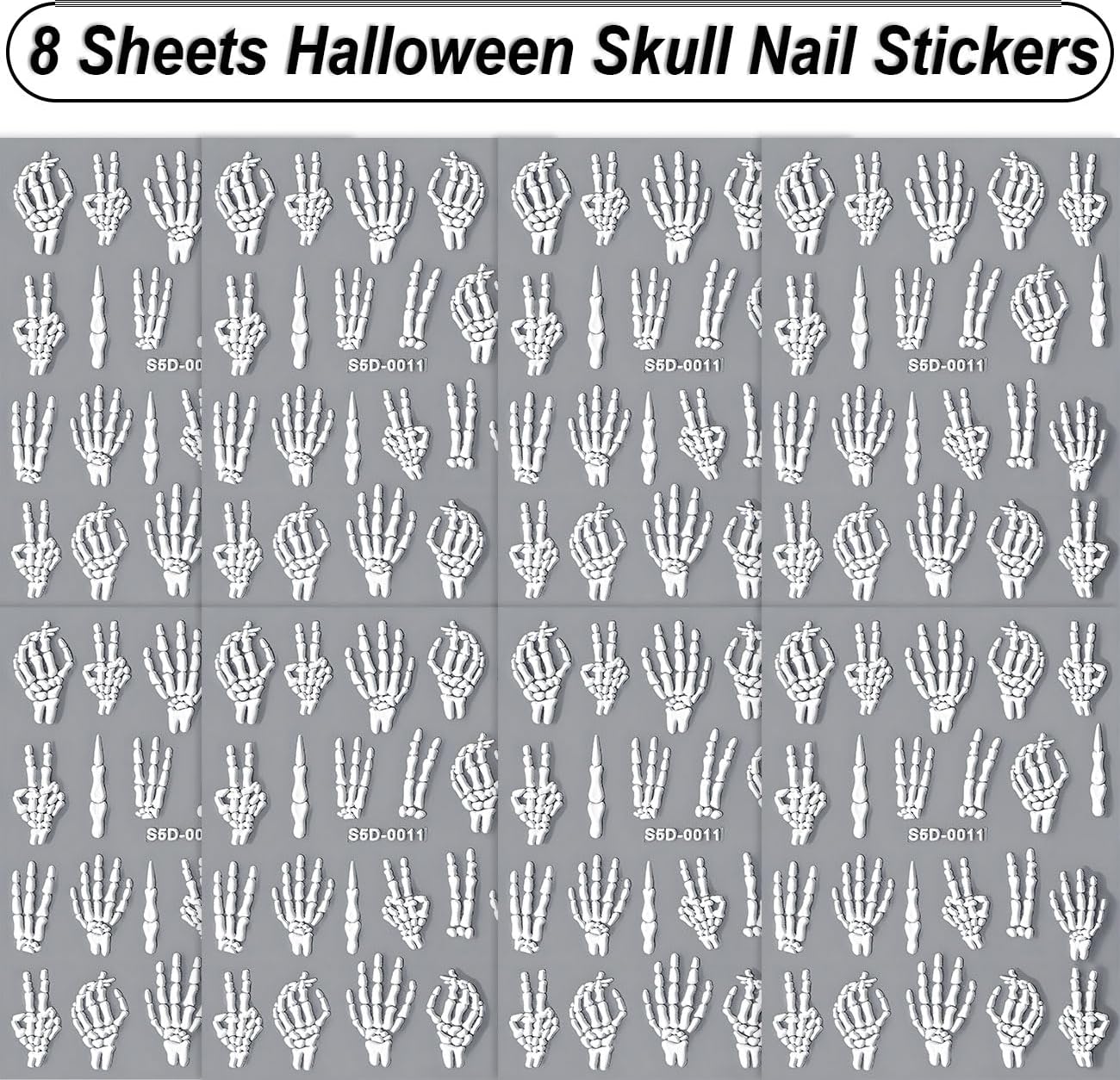 8 Sheets Halloween Nail Stickers 5D Embossed Skull Finger Nail Stickers Self-Adhesive Horror Skeleton Decals for Women
