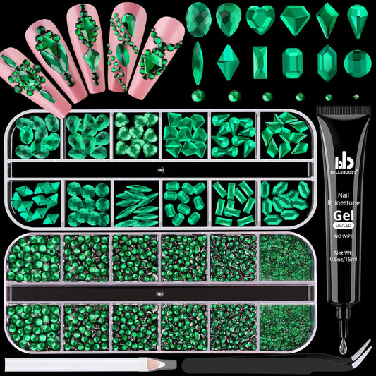 2680Pcs Emerald Green Glass Nail Rhinestones 120Pcs Multi Shapes Flatback Nail Gems + 2560Pcs 1.5-4mm Round Crystal with Rhinestone Glue Gel, Manicure Nail Charms Diamond Gemstone for Nail Art