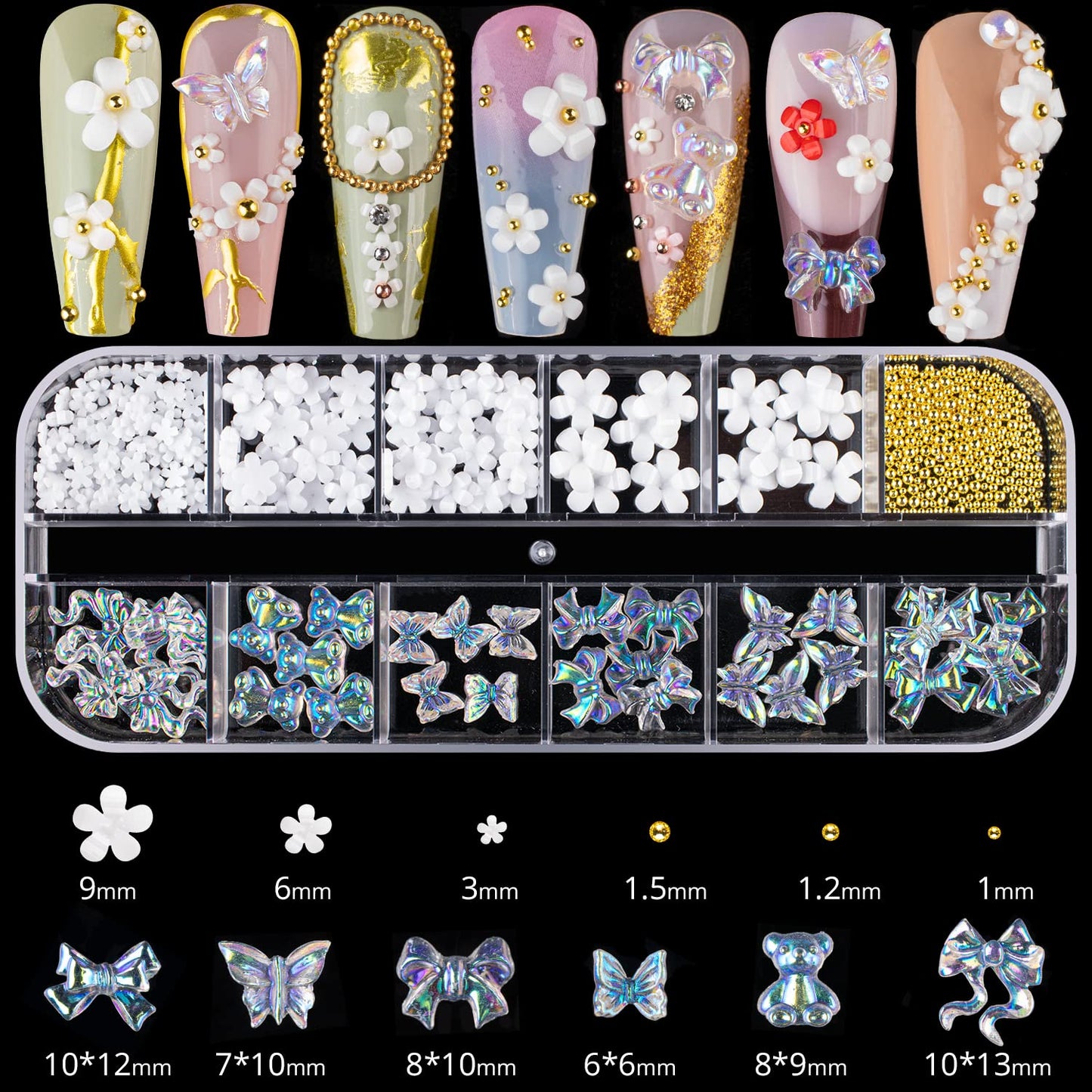 Mixed 3D Nail Art Gem Decoration Accessories Kit #8, Aurora Bear Bow Butterfly Starry AB Rhinestone Charm Jewelry for Deco, Pearl Flower Caviar Bead Stone Crystal with Pickup Pencil and Tweezer