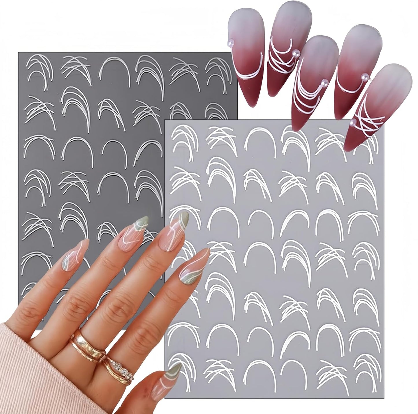8 Sheets French Line Nail Art Stickers 3D Self-Adhesive Exquisite Gold and Silver White Metallic Designs Nail Decals Irregular French Line Nail Supplies for Women and Girls DIY Nail Art Decoration