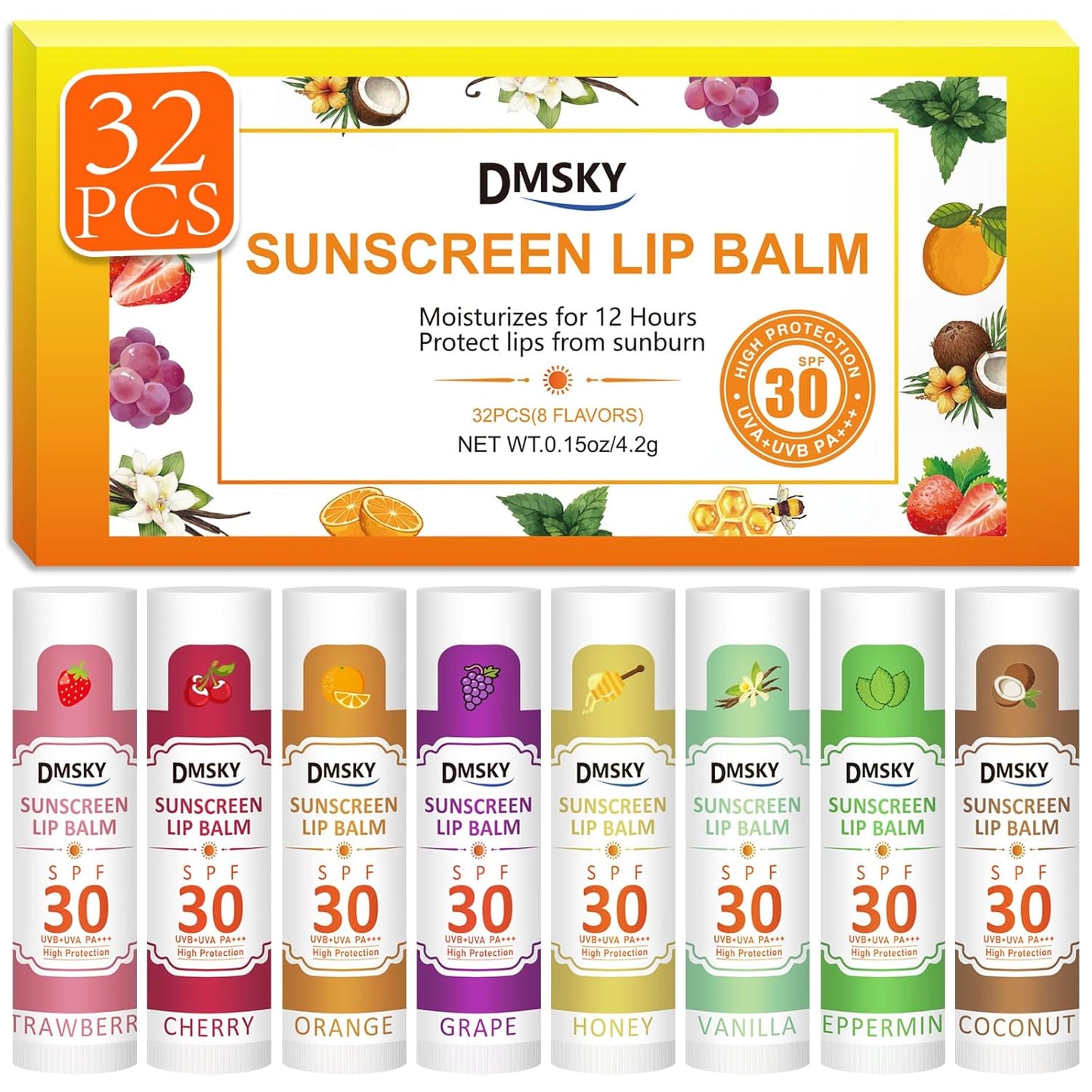Dmsky 32 Pack Lip Balm Bulk，SPF 30 Lip Balm with Sunscreen,Hydrating Lip Balm Pack with Vitamin E and Coconut Oil- 8 Flavors, B-32 Count