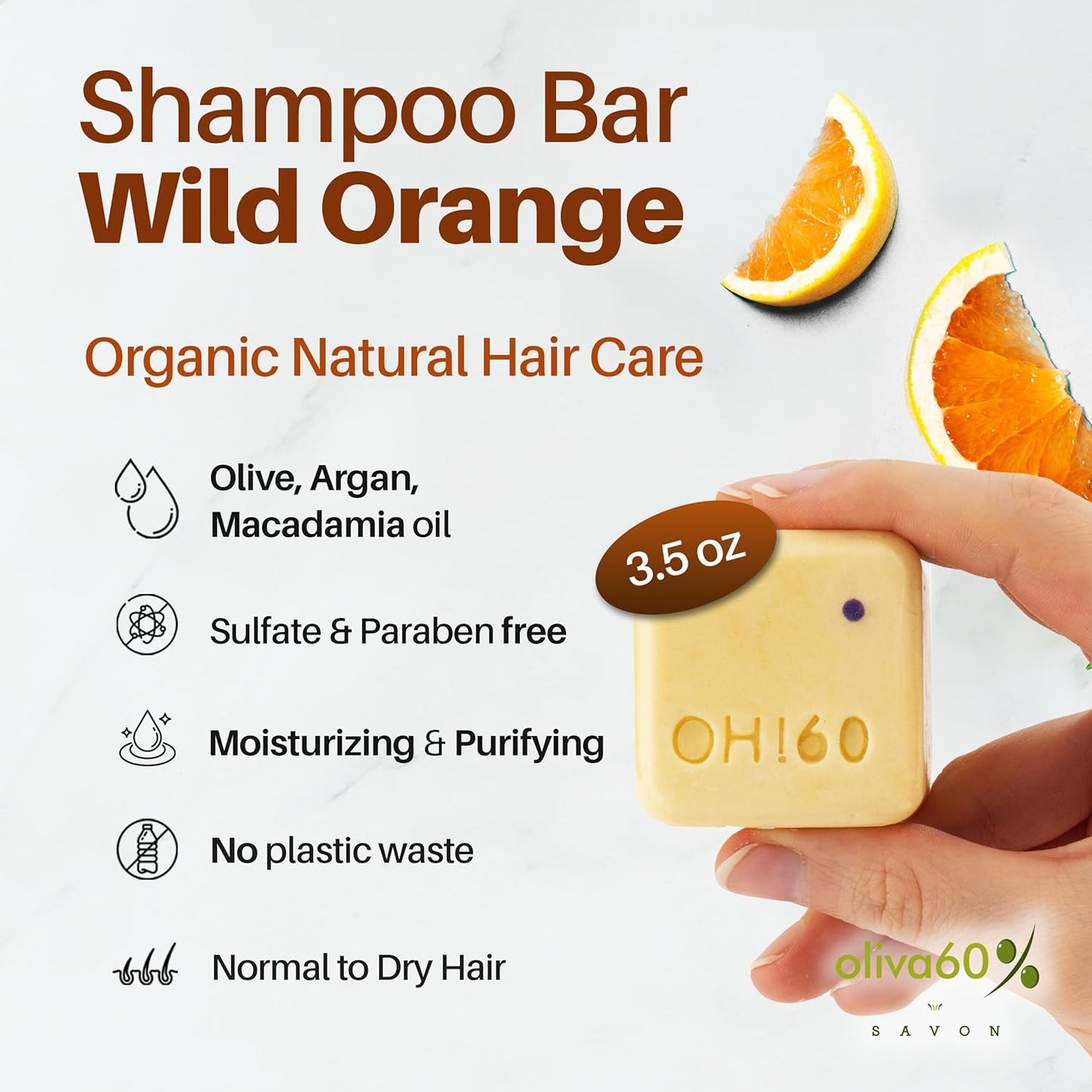 Shampoo Bar Wild Orange - Olive, Argan, Macadamia Oil | Hair Care ou of Sulfate & Paraben | Moisturizing & Purifying | Normal to Dry Hair | 3.5 oz | Shine & Restore | OLIVA 60
