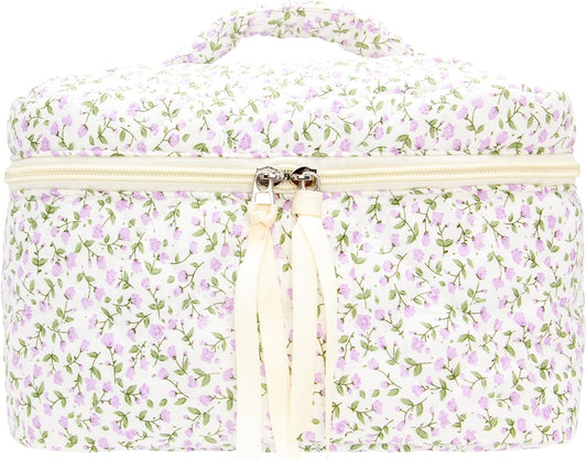 PAZIMIIK Quilted Makeup Bag Large Travel Zipper Soft Cosmetic Case for Women Girls Make Up,Floral Purple