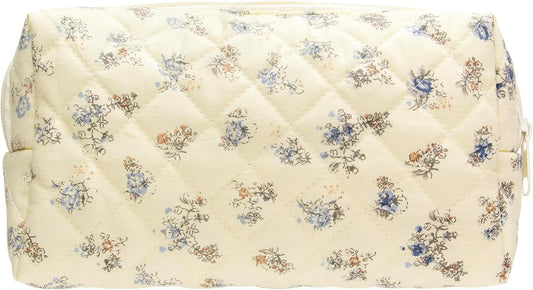PAZIMIIK Vintage Quilted Makeup Bag Cosmetic Pouch for Brushes Pencils and Travel Make Up Accessories for Women and Girls Floral Blue