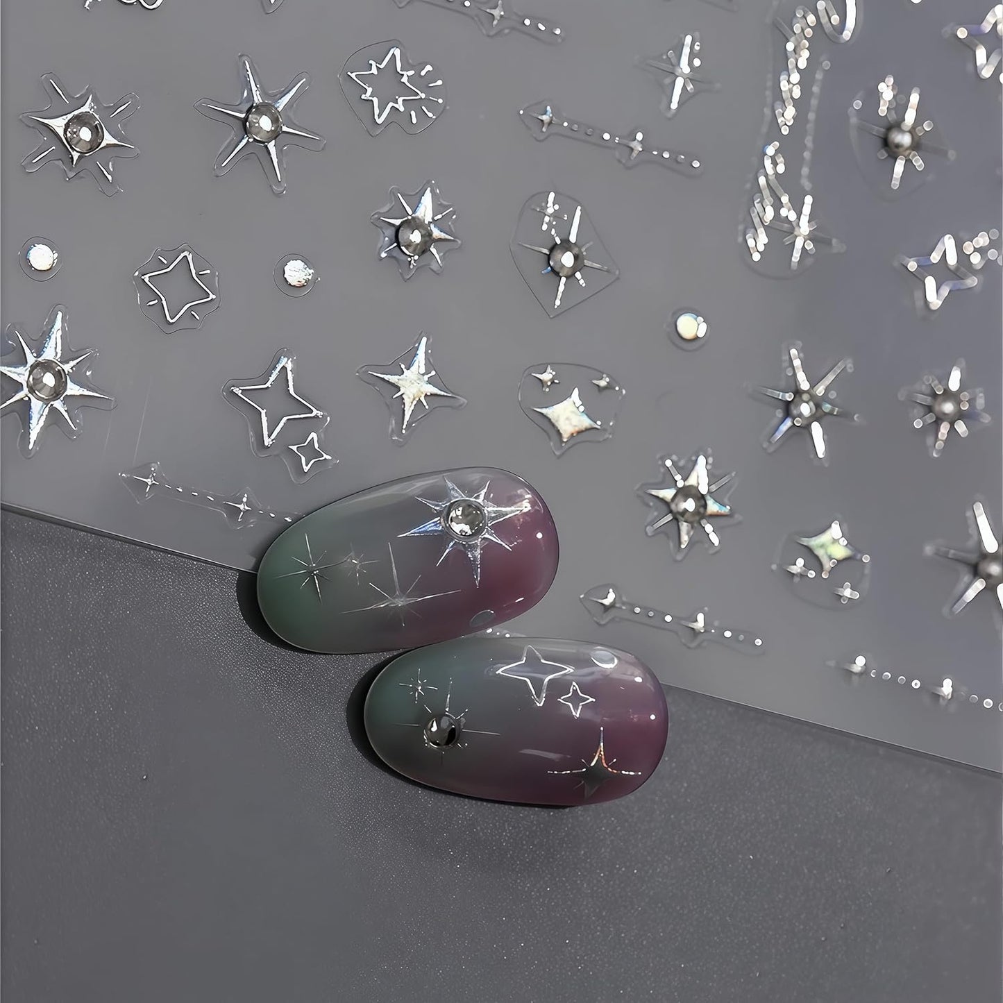 Glitter Diamond Stars Nail Art Stickers 3D Self-Adhesive Crystal Silver Decals Luxury with Rhinestones Stars Charms Design Stickers for Women DIY Manicure Decorations