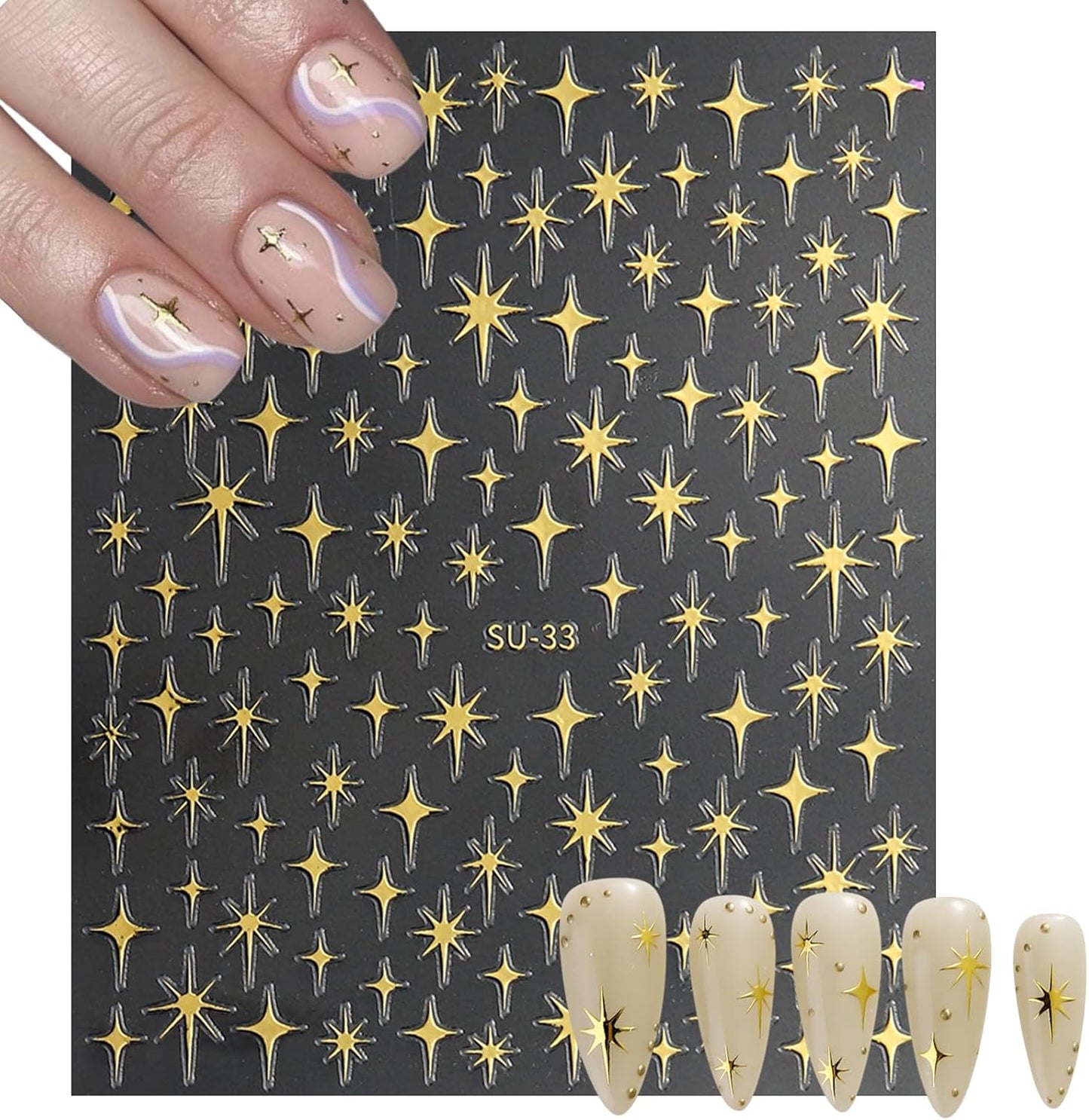 8 Sheet Bronzing Star Nail Stickers 3D Shiny Star Nail Decals Starlight Designs Sticker Nail Gold and Silver Purple Manicure Accessories for Women Nail Decorations