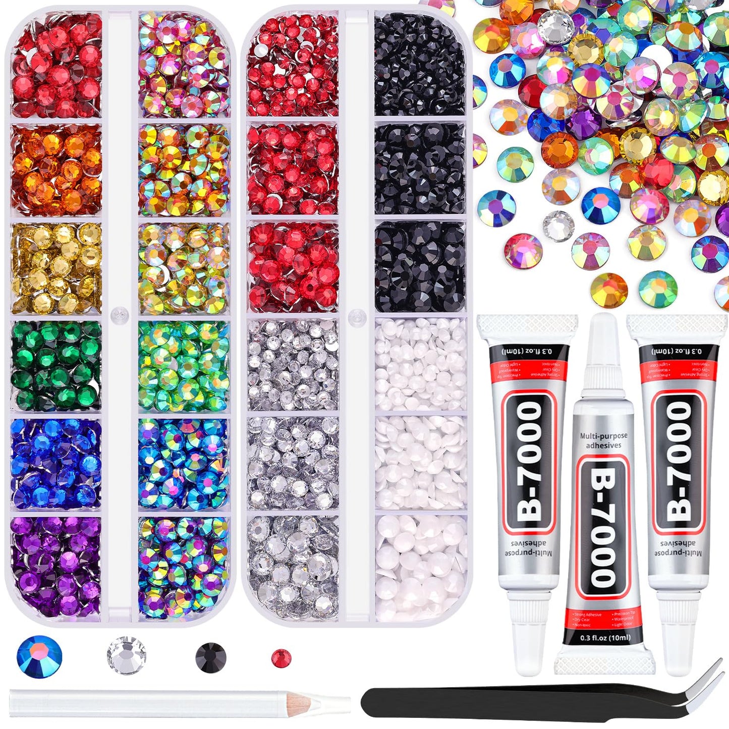 5000 PCS Flatback Rhinestones for Crafting and 3PCS B7000 Glue (Pack 2), 2 Boxes of Rainbow Resin Rhinestones Gems Charms for Bedazzling DIY Crafts Fabric Clothing Tumblers Shoes Nail Art