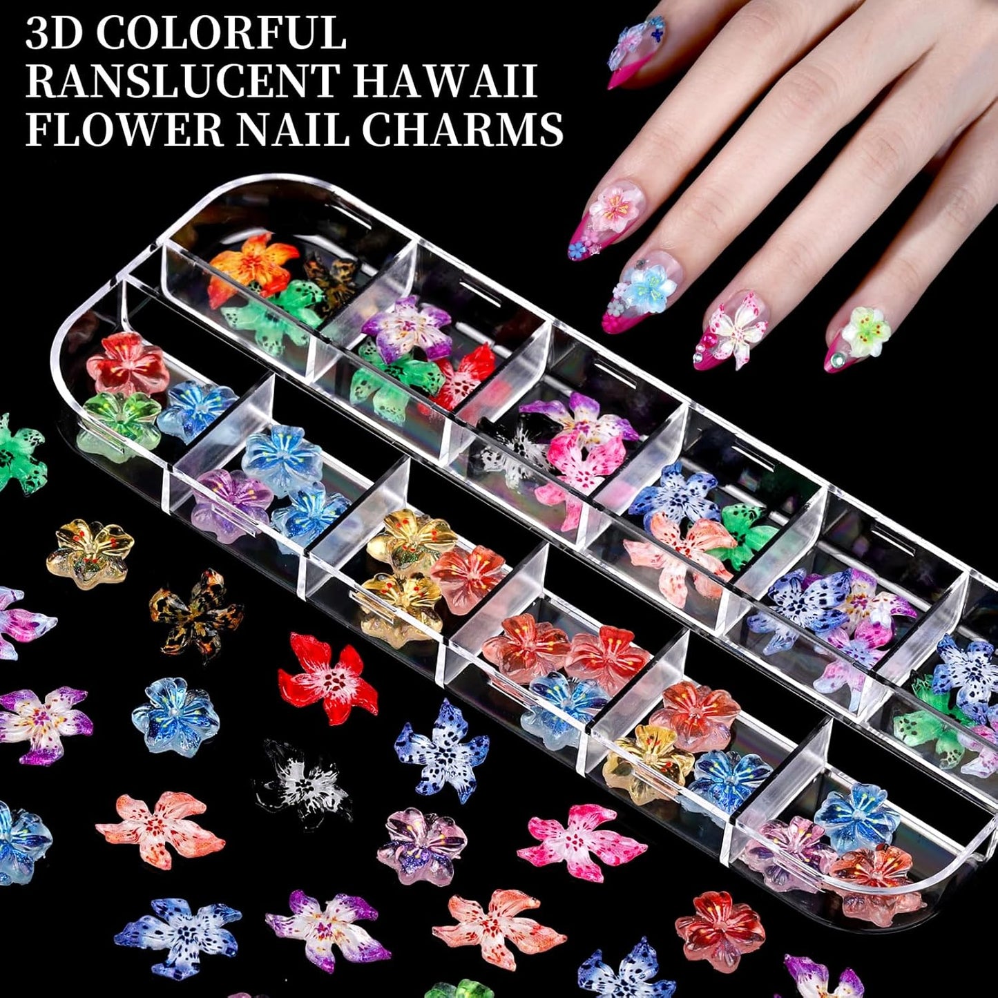 FANDAMEI Nail Charms, 8-Box Nail Charms and Gems, Fruit Bow Hawaii Flowers Petals 3D Nail Art Charms Bulk, Colorful Bubble Beads Nail Rhinestones, Gold Studs Flatback Nail Pearls for DIY