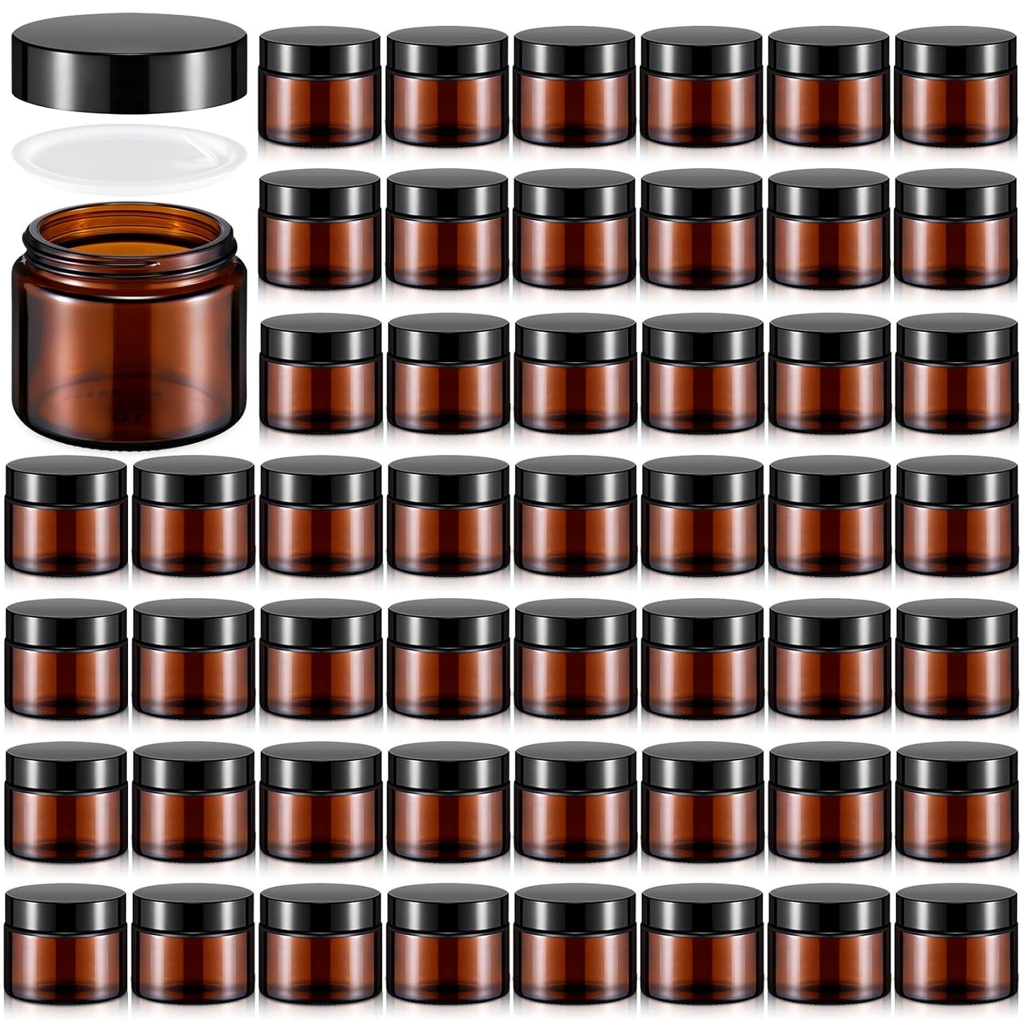 Domensi 48 Pcs 2 oz Glass Jars with Lids Travel Size Round Leakproof Empty Cosmetic Jars with Inner Liners Lid for Storing Makeup Lotions Face Cream Ointments Candle DIY Making (Amber)