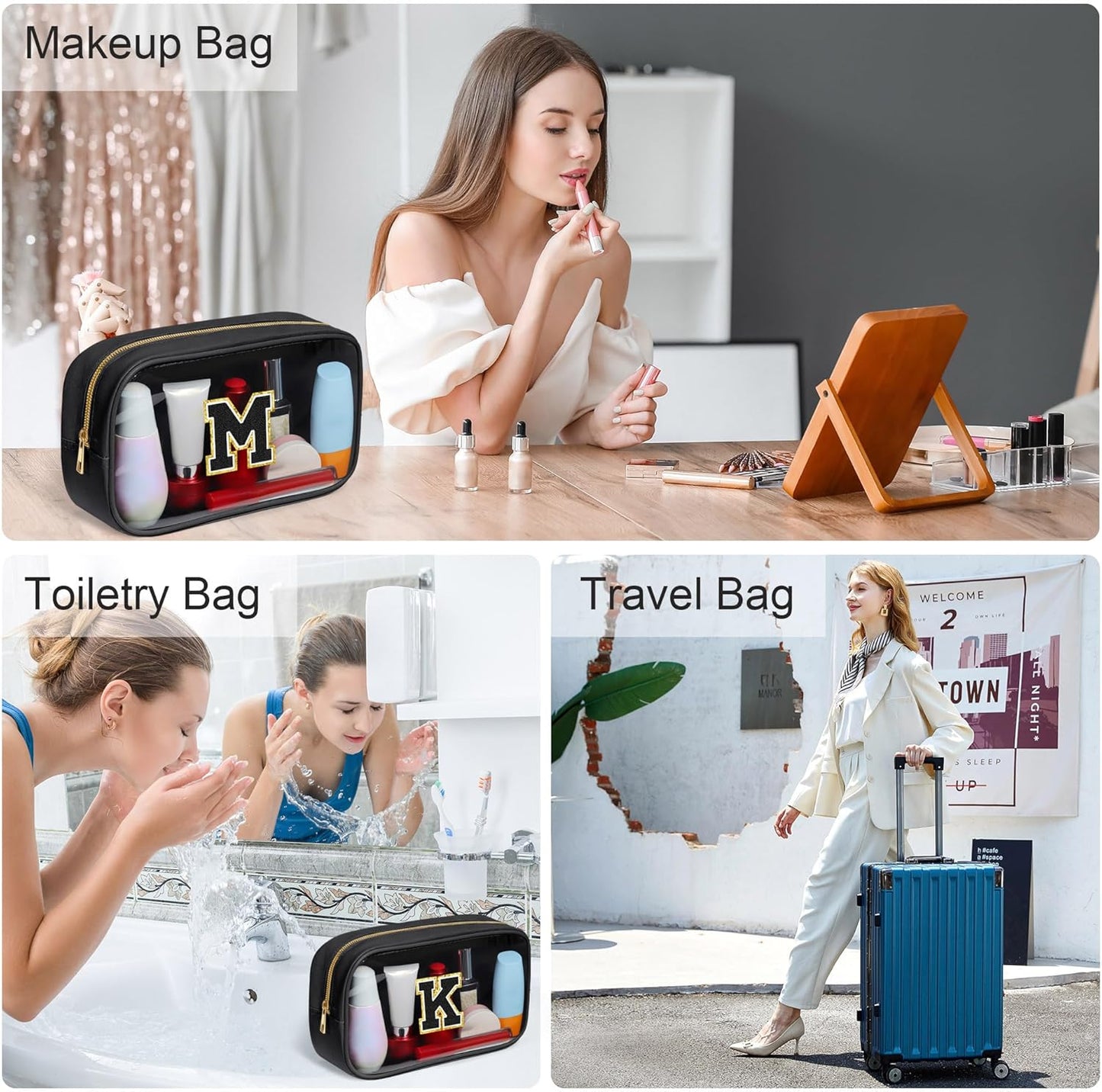 YOOLIFE Travel Clear Makeup Bag Toiletry Bag, Make up Bag Waterproof Toiletry Bags for Women Cosmetic Bag Birthday Gifts for Women Personalized Mother Girlfriend Wife Bridesmaid Gifts Black Letter S