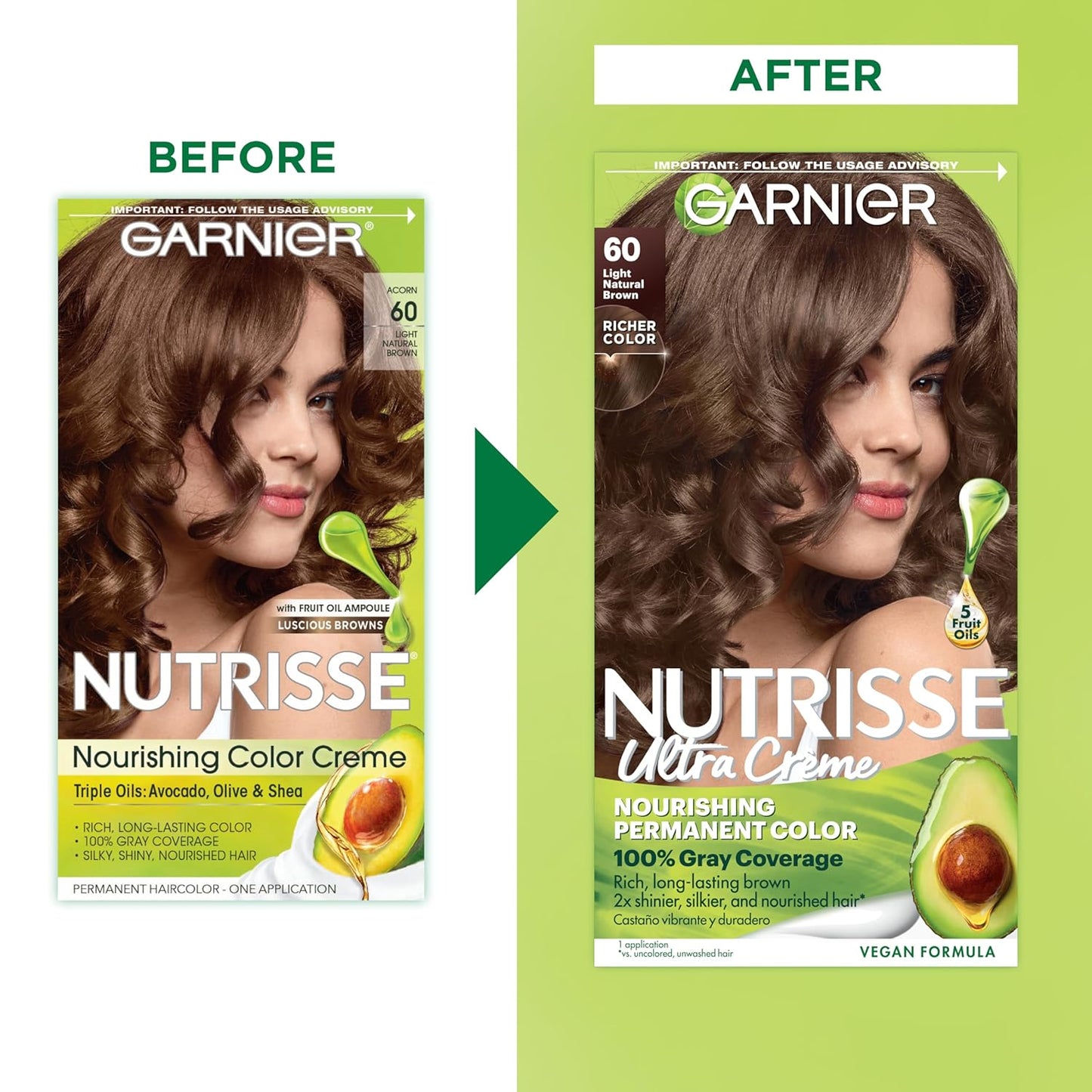 Garnier Hair Color Nutrisse Nourishing Creme, 60 Light Natural Brown (Acorn) Permanent Hair Dye, 2 Count (Packaging May Vary)