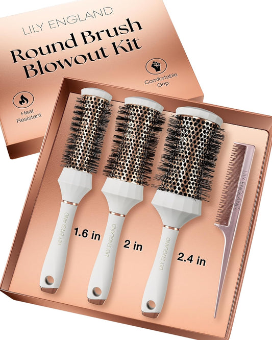 Lily England Round Hair Brush Set, 4 Piece Professional Blow Dry Kit with 3 Round Brushes and Comb for Styling, Beauty Gifts Sets for Women (White)
