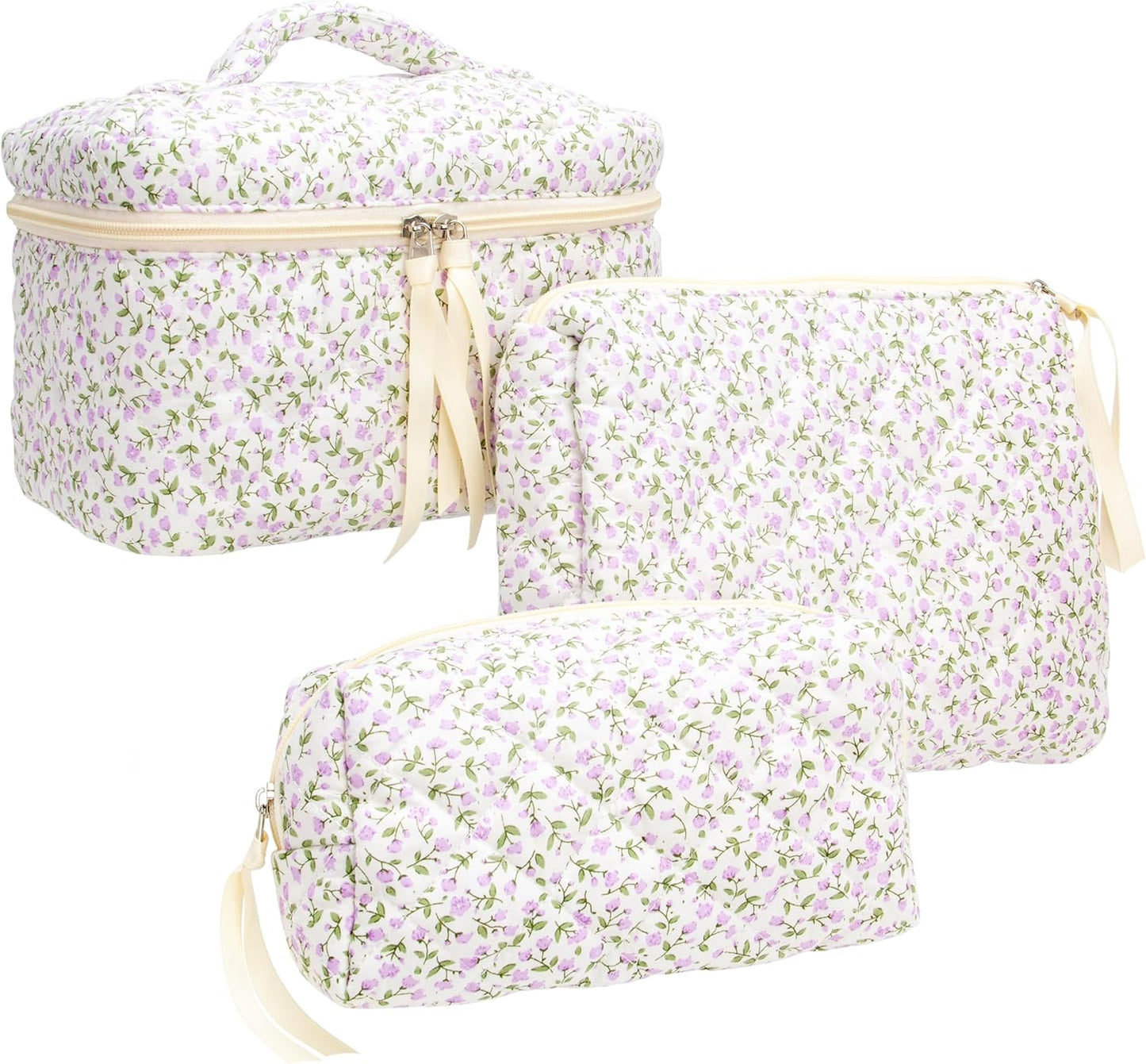 PAZIMIIK 3PCS Makeup Bag SET Large Travel Quilted Zipper Soft Cosmetic Case Pouch for Women Girls Make Up,Floral Purple