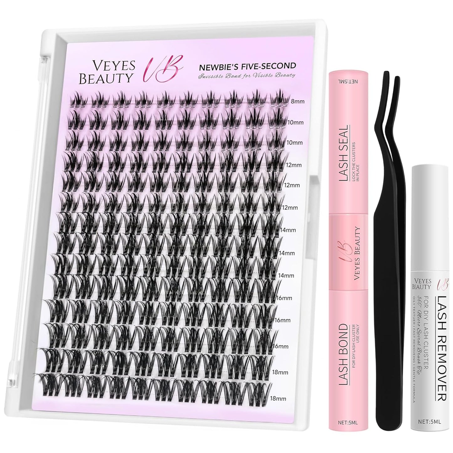 VEYESBEAUTY Lash Clusters Kit Eyelash Extensions Thin & Invisible Band Individual False Eyelashes Newbie's Five-Second Series Wispy Lash Tray for Self-application, Camellia Lashes 8-18mm Mixed Length