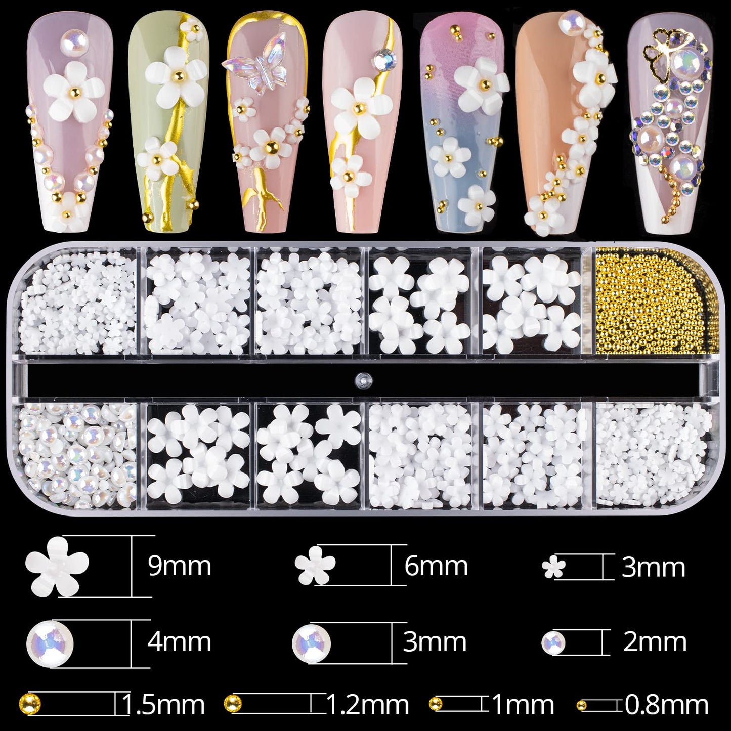 Mixed 3D Nail Art Gem Decoration Accessories Kit #3, Butterfly Starry AB Rhinestone Charm Jewelry for Deco, Pearl Flower Caviar Bead Stone Crystal with Dual-End Brush and Tweezer