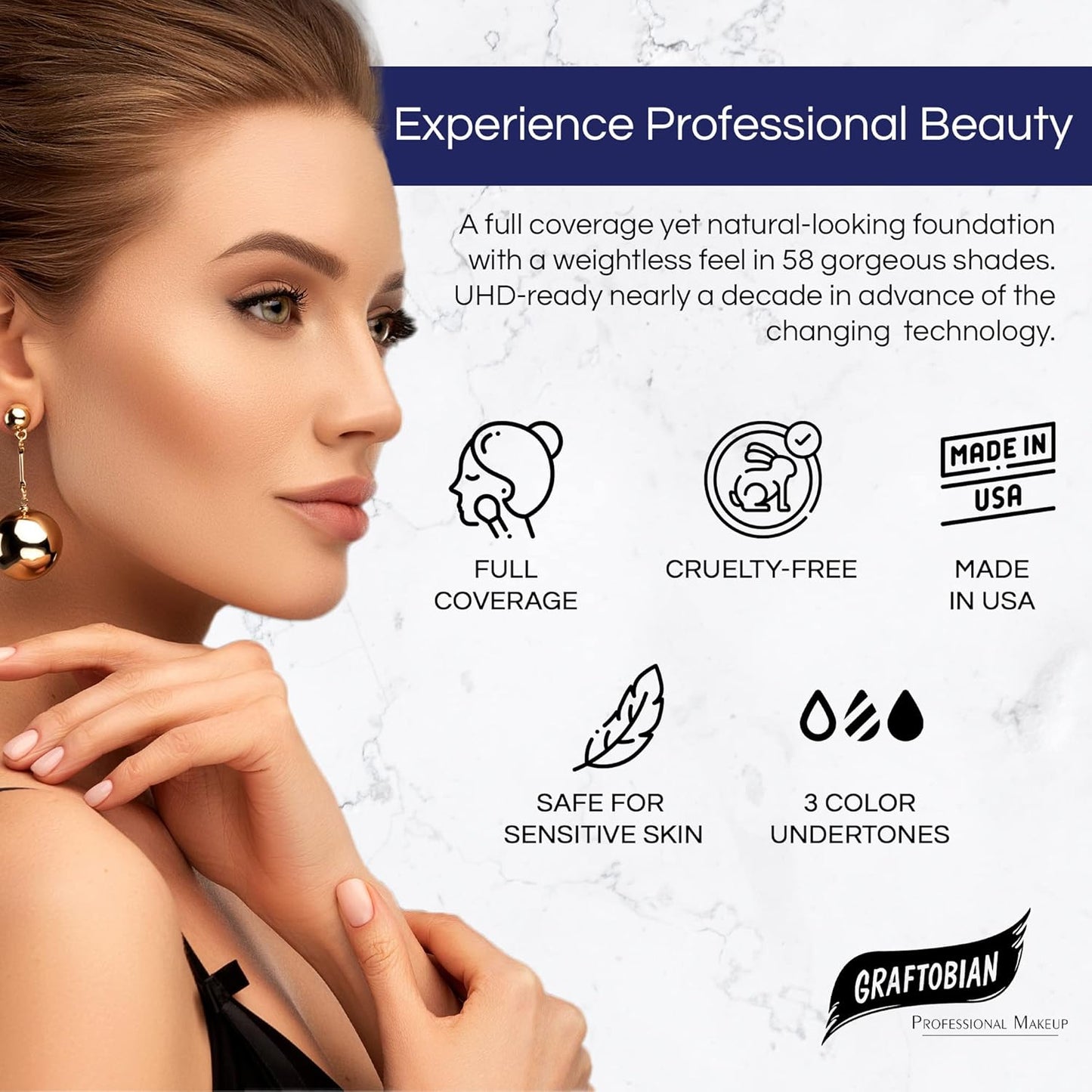 Graftobian HD Glamour Crème Foundation 1/2oz, Weightless Full Coverage Makeup, 65 Inclusive Shades, For All Skin Types, Natural or Full-Glam Looks, For Professionals and Beginners, Silk Sprite