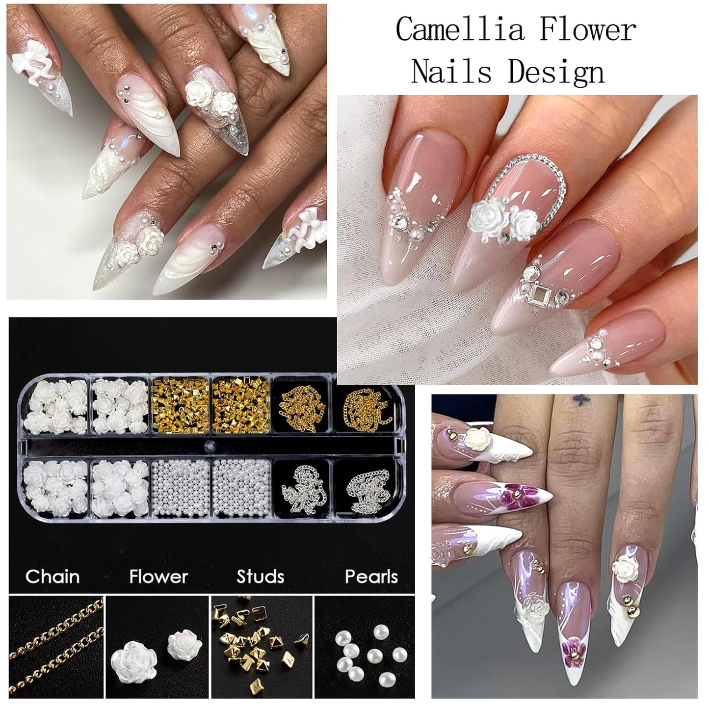 Nail Art Charms with Rhinestones Glue Gel White Flatback Pearls Luxurious Nail Charms Supplies Accessories Gold Silver Chains Nails Gems Jewelry Pearls for Women Nails Design