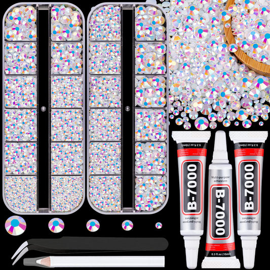 Resin Jelly Rhinestones for Crafting with B7000 Jewelry Glue, 2 Boxes White AB Flatback Crystals with 3Pcs 10ml Glue, Bedazzling Non Hotfix Gems for DIY Tumblers Clothing Shoes Manicure
