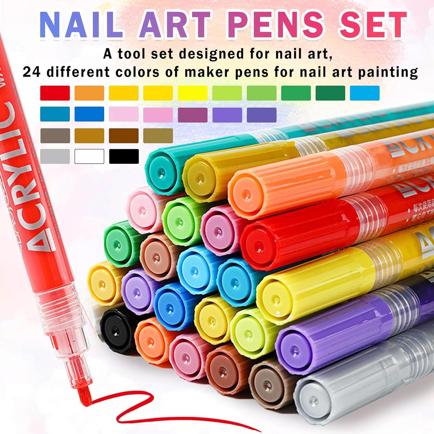 24 Colors Nail Art Pens Set Nail Polish Pens Nail Art Drawing Graffiti Marker Pen Quick Dry Waterproof Nail Art Painting Pens Kit for Home DIY Nail Art Design