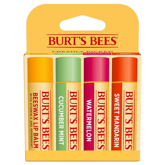 Burt's Bees Lip Balm - Original Beeswax, Cucumber Mint, Watermelon & Sweet Mandarin, With Responsibly Sourced Beeswax, Tint-Free, Natural Origin Treatment, 4 Tubes, 0.15 oz.