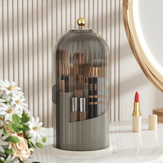 B-H1 Makeup Brush Holder with Dustproof Cover 360 Rotating Makeup Brushes Organizer for Vanity Desktop Bathroom (Gray)