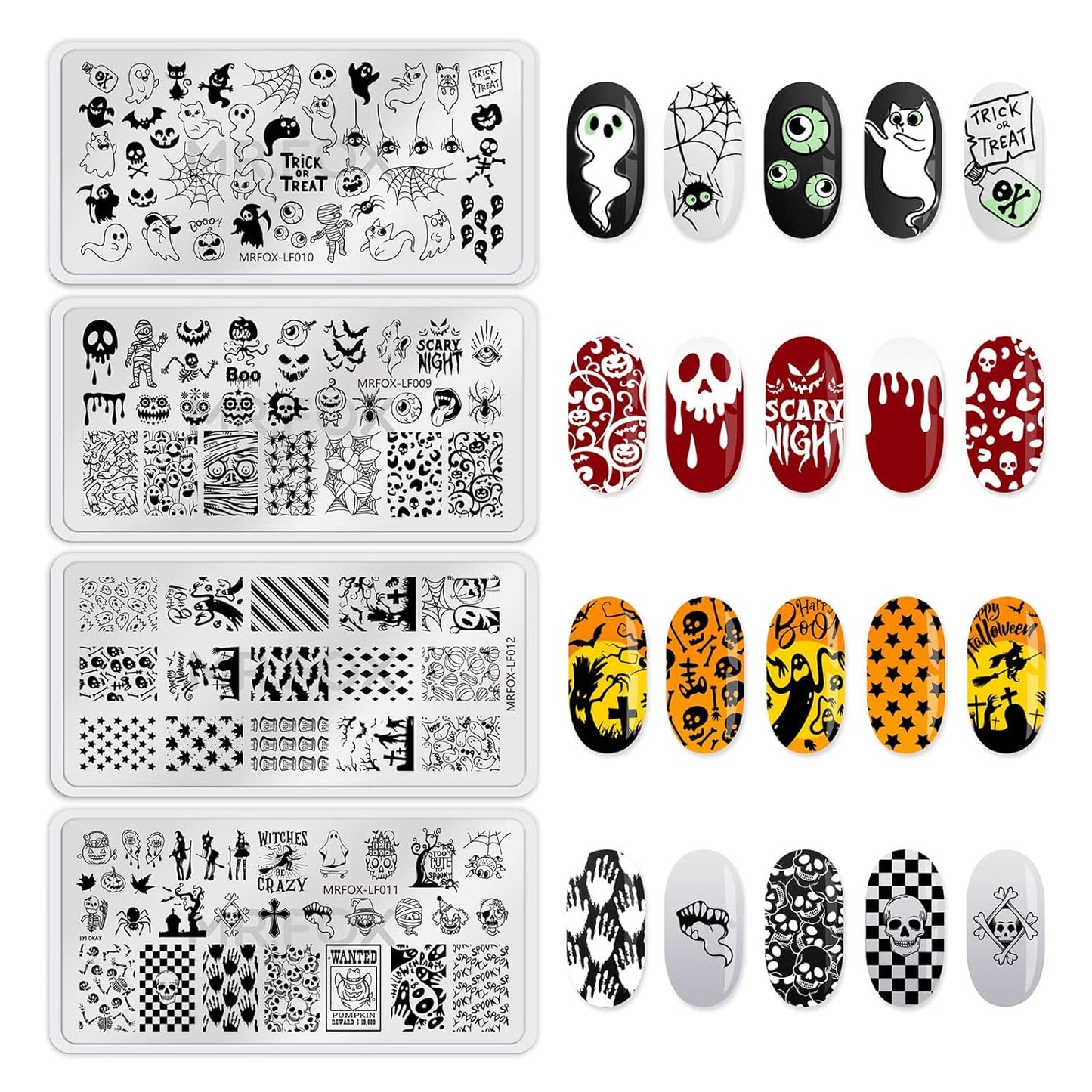 8PCS Halloween Nail Stamping Plates, Pumpkin Skull Bat Poker Image Stainless Steel Stencil, DIY Nail Art Template Tools