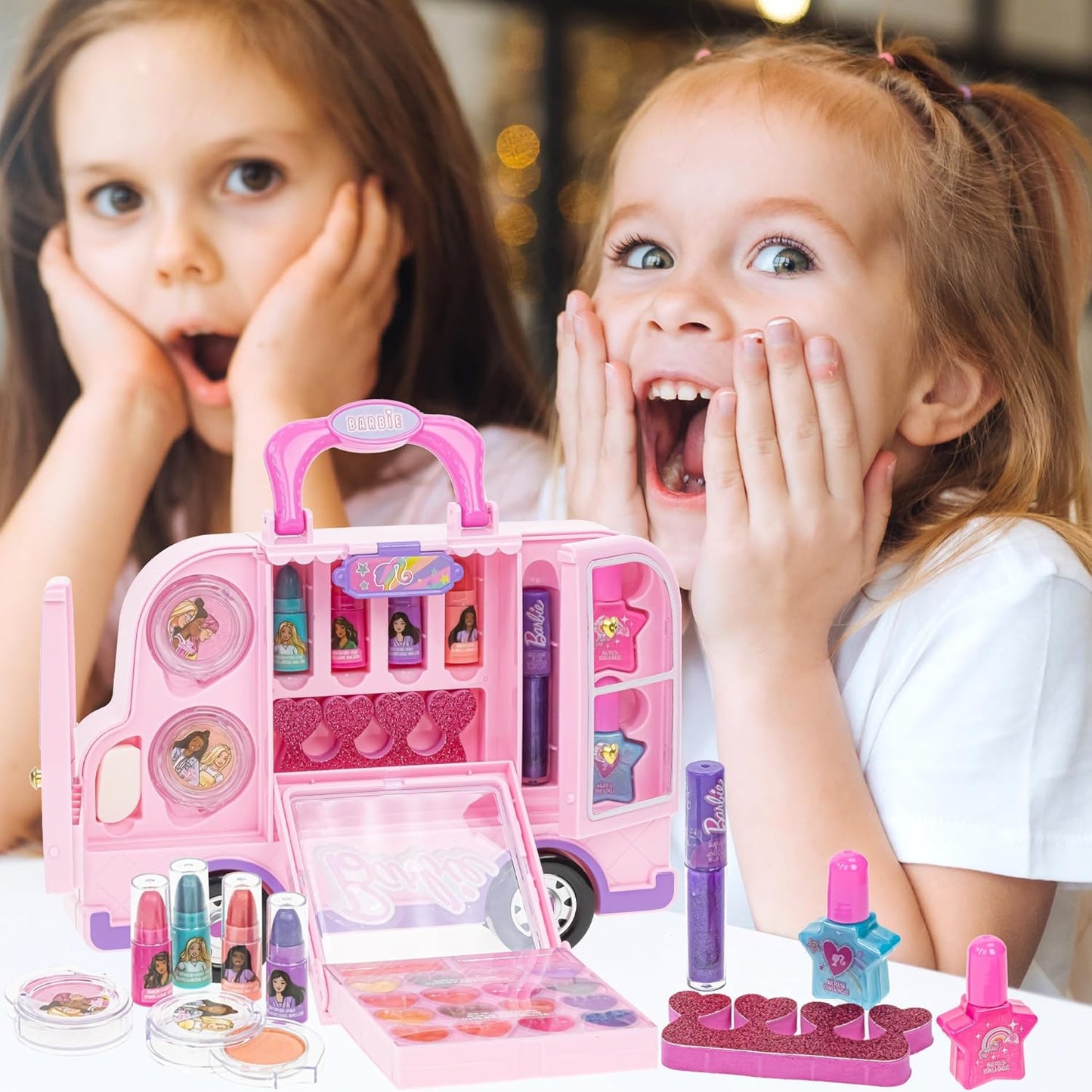 Barbie Car Makeup Kit for Girls, Real Washable Toy Makeup Set, Barbie Gift, Play Makeup and Pretend Play Toys Ages 6 7 8 9 10 11 12