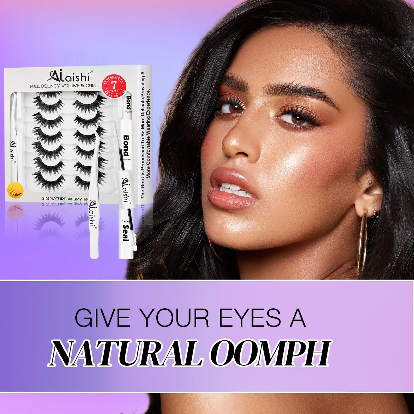 False Eyelashes Kit With Bond, Seal and Tweezer, 7 Pairs Fluffy Natural Look Fake Cat Eye Lashes Strips Thin Band Extensions Waterproof Easy Eyelashes for Beginners DF64