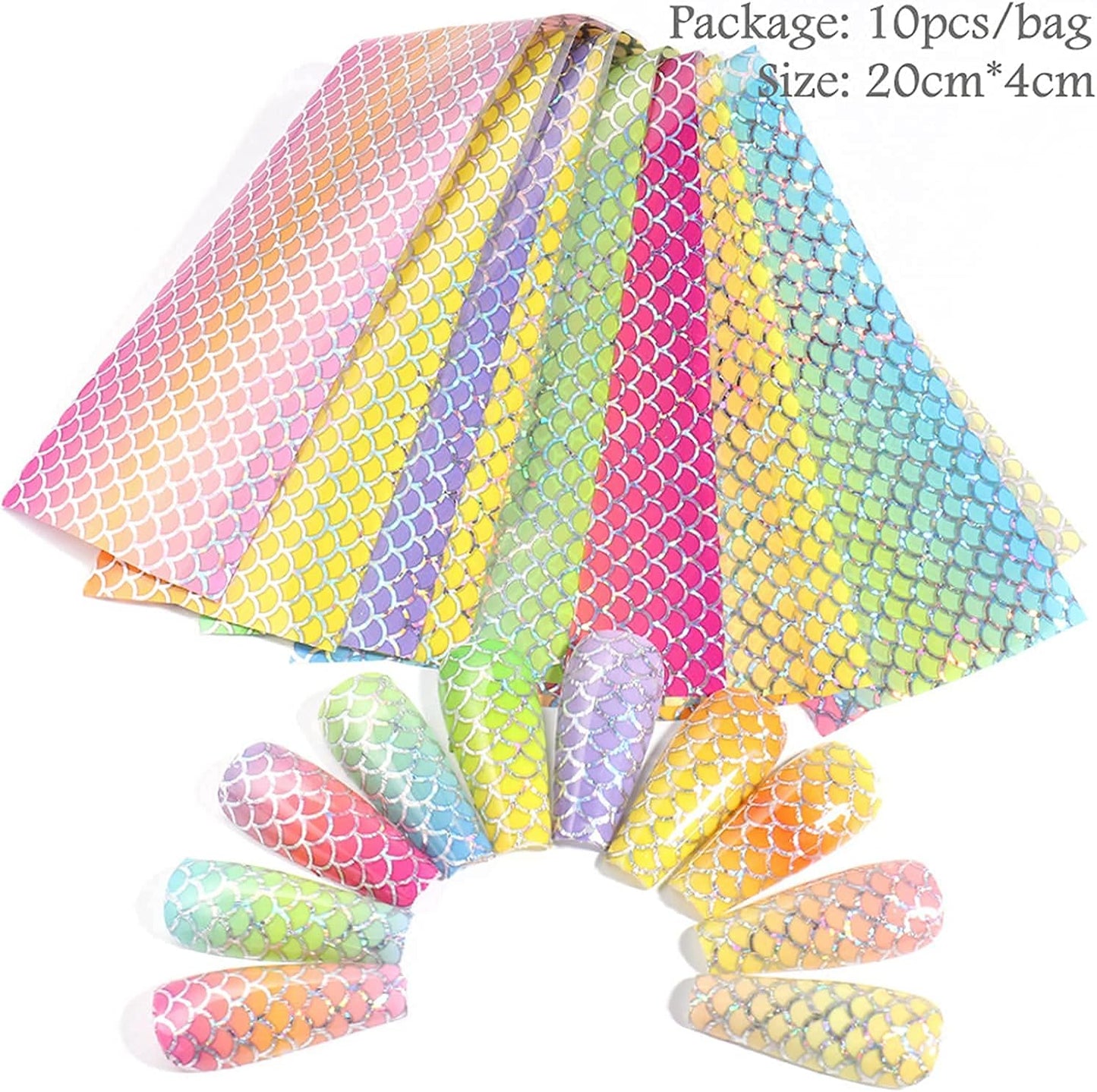 Mermaid Nail Transfers Foil Stickers, Holographic Iridescent Laser Mermaid Nail Art Stickers Decals Fish Scales Pattern Decoration for Women Girls Acrylic Nail Decor Supplies(10 Sheets)
