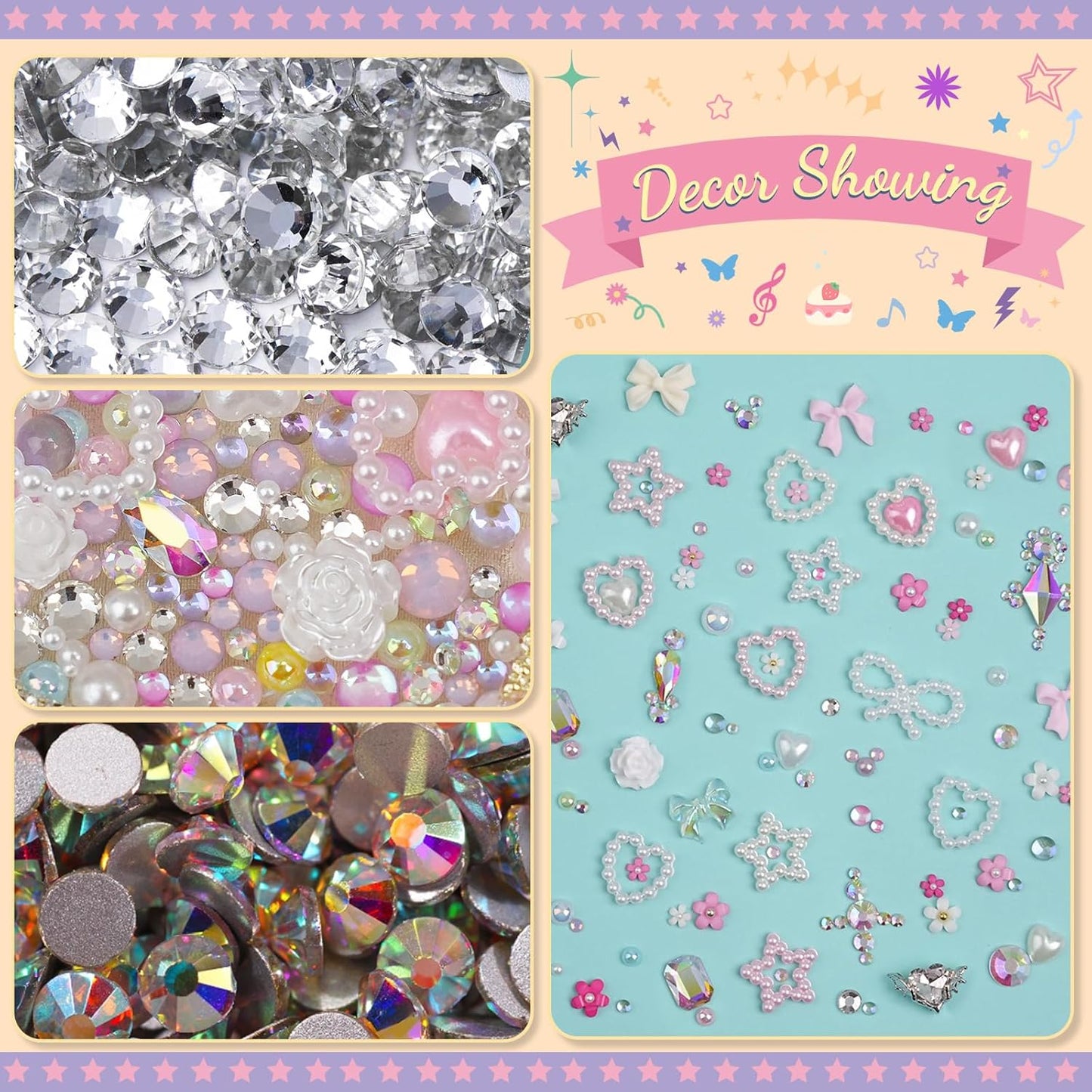 Rhinestones, AB Crystal Nail Gems Pink Opal Nail Rhinestones with Aurora Bubble Beads Pearls Star Heart Bows Nail Charms and Rhinestone Picker Tools for Kwaii Y2K Nail Art Decor - 3 Boxes