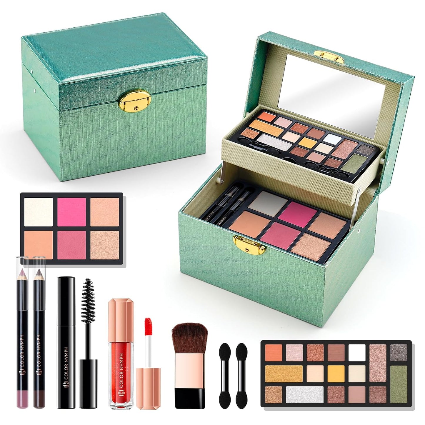 Color Nymph Beginner Makeup Kit For Teens, Girls Makeup kits With Recyclable And Key-Lockable Cabinet Included 17-Colors Eyeshadows Blushes Bronzer Highlighter Lipstick Brushes Mirror(Green)
