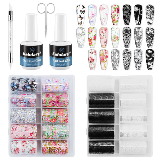 Kalolary 30ML Nail Foil Glue Gel with 20Pcs Foil Transfer Stickers Set, Starry Sky Lace Flower Transfer Stickers DIY Decoration for Salon or Home Use
