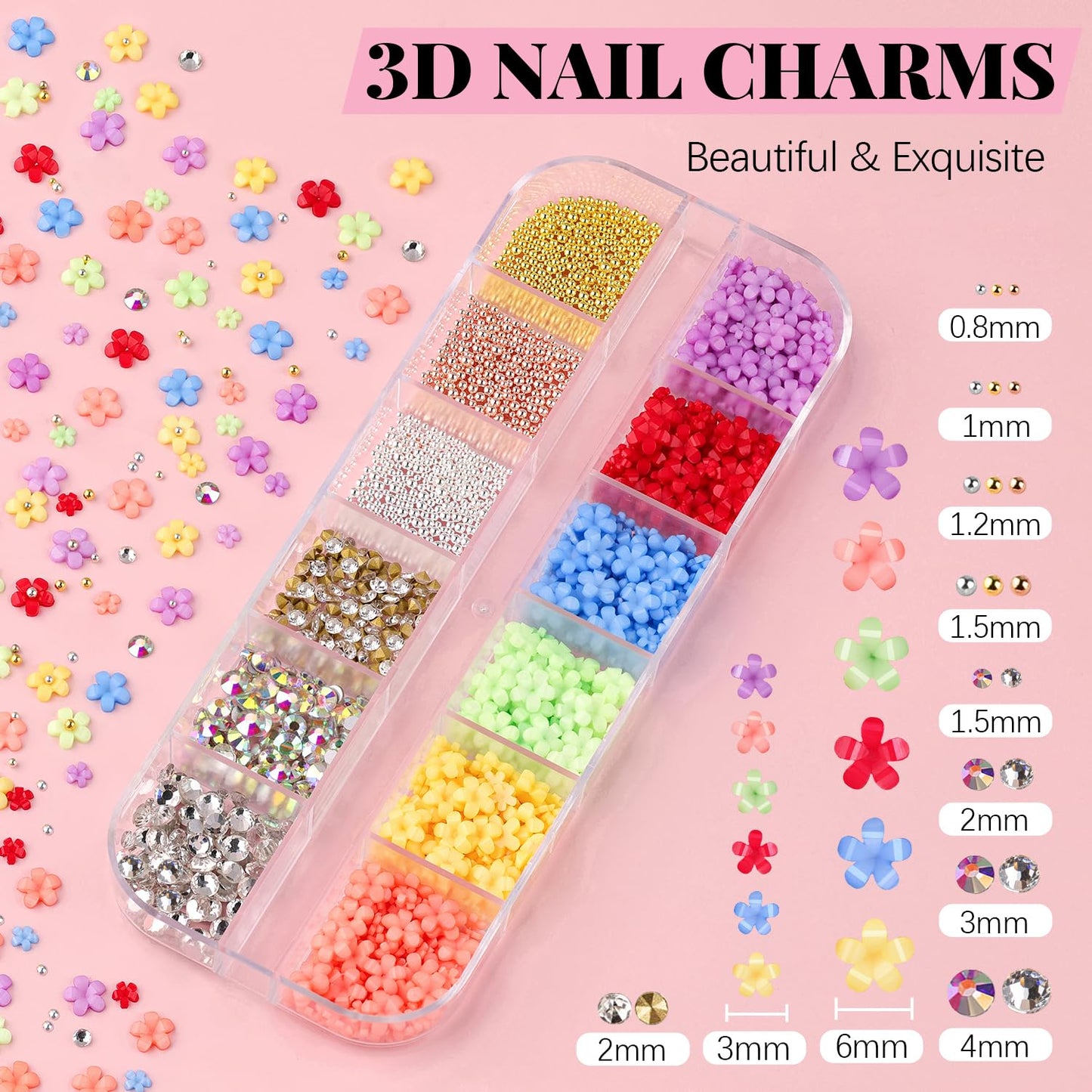 3D Flower Nail Charms and Gems, Cute Colorful Floral Charm Manicure Kit with Nail Rhinestone Glue Gel (UV Curing), Butterfly Caviar Beads Half Round Pearl & Flatback AB + Clear Crystal