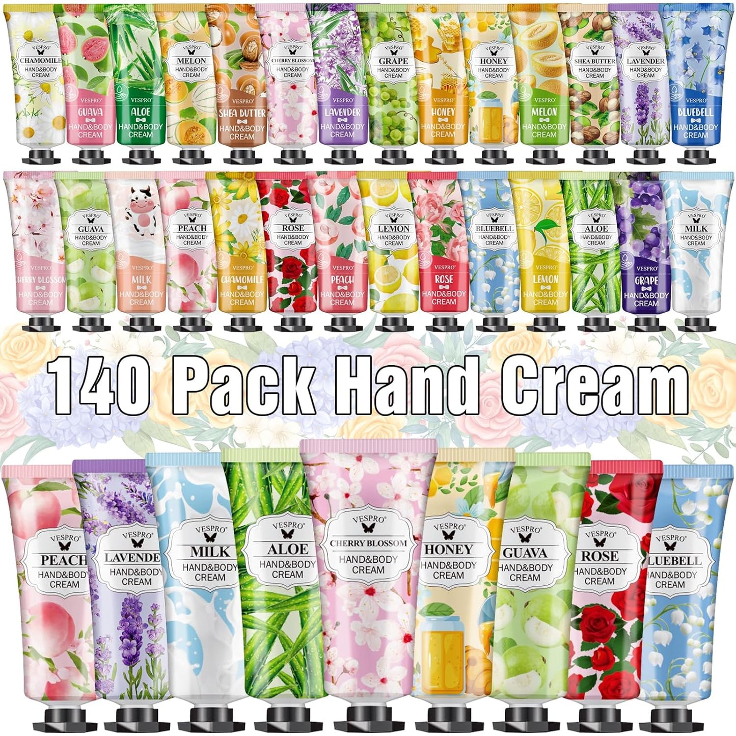 VESPRO 140 Pack Hand Cream Gifts Set For Women, Hand Lotion Travel Size for Dry Cracked Hands, Mini Hand Cream for Teacher Gifts, Employee Appreciation Gifts, Bridal Shower Favors and Thank You Gifts