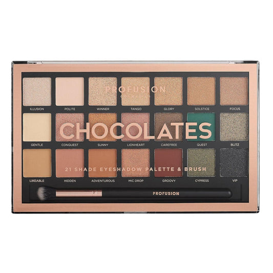 Profusion Cosmetics 21 Shade Eyeshadow Palette Collection & Brush, Chocolates