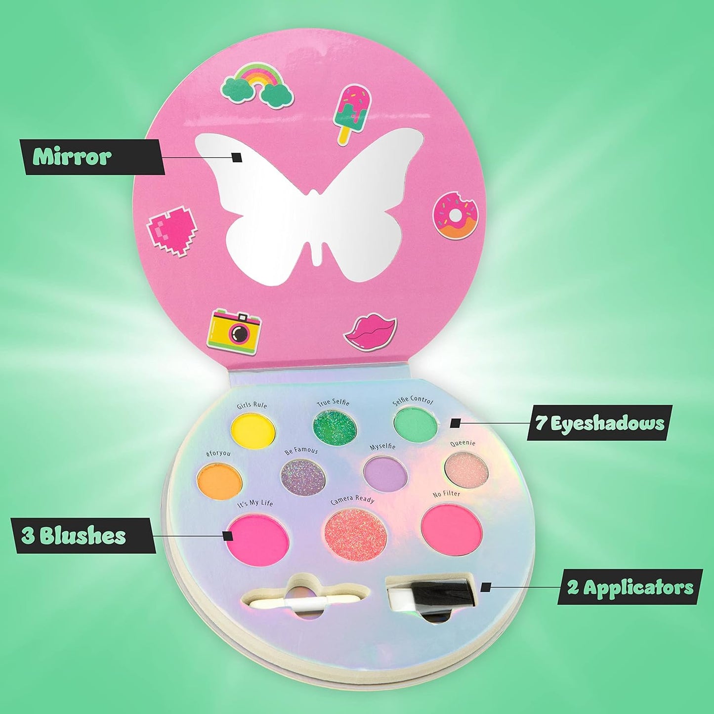 Expressions Selfie Queen Glisten & Glitter Makeup Palette 10 Color Eyeshadow Palette & Blush Makeup Novelty Beauty Set, Fold Out Compact with Mirror, Cute Makeup Kit Gifts - Washable, Non-Toxic