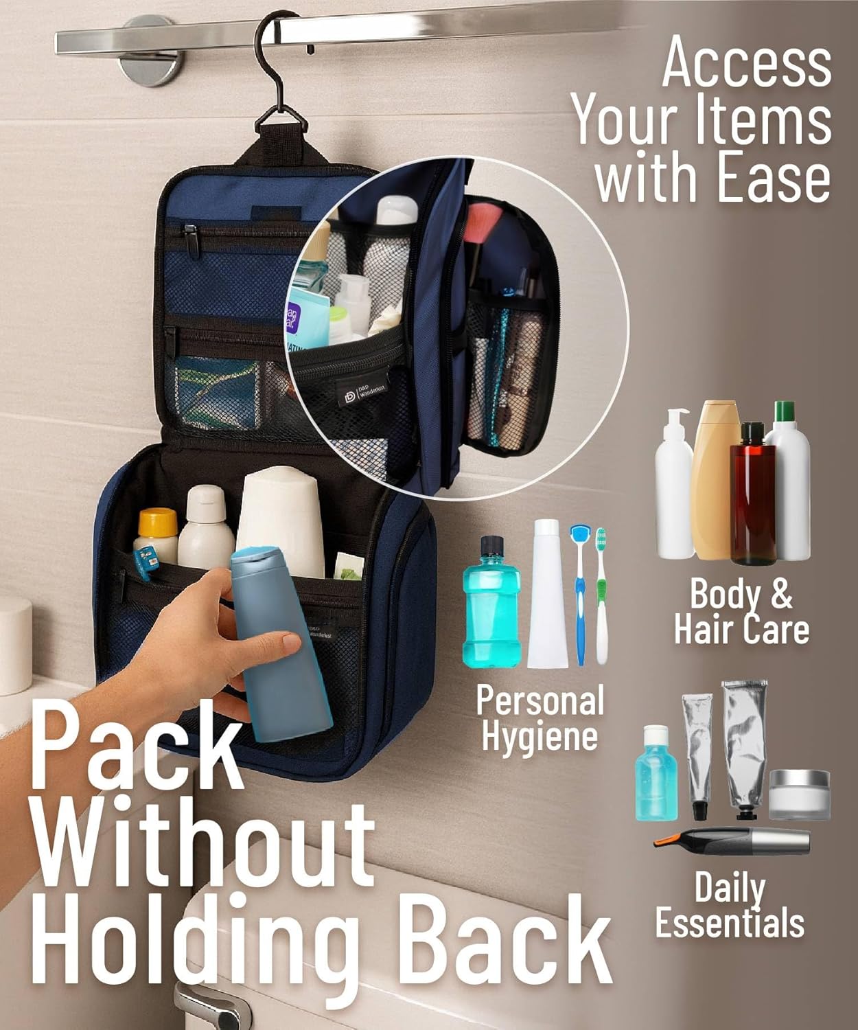 D&D Hanging Travel Toiletry Bag for Men and Women – Large Cosmetics, Makeup and Toiletries Organizer Kit with 10 Compartments, YKK Zippers, XXL Metal Swivel Hook, Water-Resistant Nylon