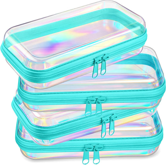 Hoolerry 4 Pcs Hard Clear Zipper Case Makeup Bags Plastic Pencil Pouch Transparent Storage Box Containers for Cosmetics, Snacks, Building Blocks, Puzzles(Blue Laser,7.5 x 3.9 x 2 in)