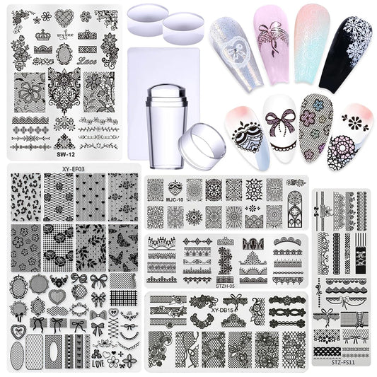 6pcs Lace Flower Design Nail Stamping Plate Kit With French Tip Nail Stamper Kit Ribbon Bow Knot Nail Stencil Reusable Stainless Steel Manicure Tool Nail Supplies for Salon DIY