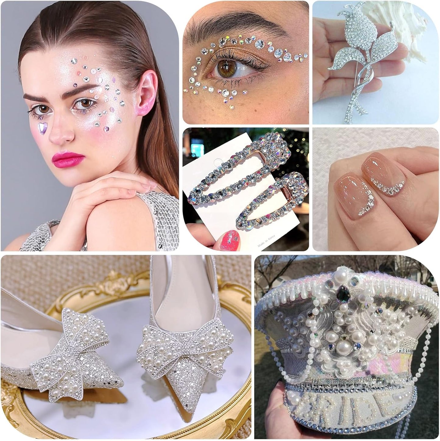 Flatback Rhinestones Half Pearls for Crafting, 1.6-4mm White Glass Rhinestones and 1.5-6mm Small Pearls for Bedazzling, Clothes and Nails Art