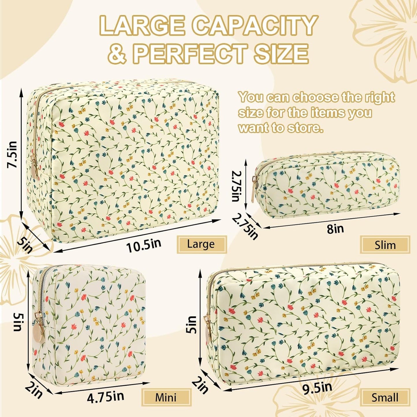 Waterproof Large Floral Makeup Bag Pouch,Nylon Travel Toiletry Storage Bag Preppy Flower Cosmetic Bag for Women Girl,Large Capacity Makeup Organizer Bag Cute Zipper Pouch(L Light Yellow-Flowers)