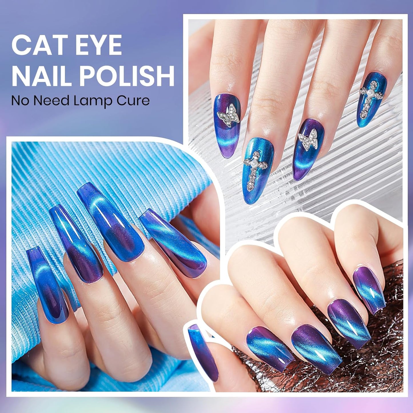 Blue Violet Cat Eye Nail Polish Quick Dry, Magnetic Nail Polish Non Gel Fingernail Lacquer DIY Manicure Gift For Women Girls 16ml/0.54 oz
